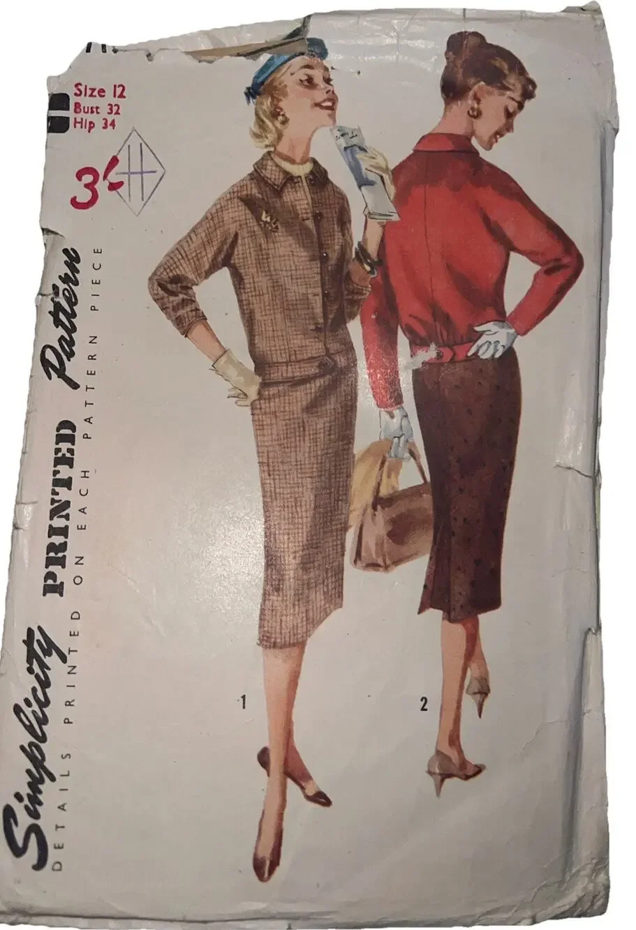 Vintage 1940s Simplicity 1719 Two Piece Skirt Suit Jacket Sewing Pattern 12 CUT